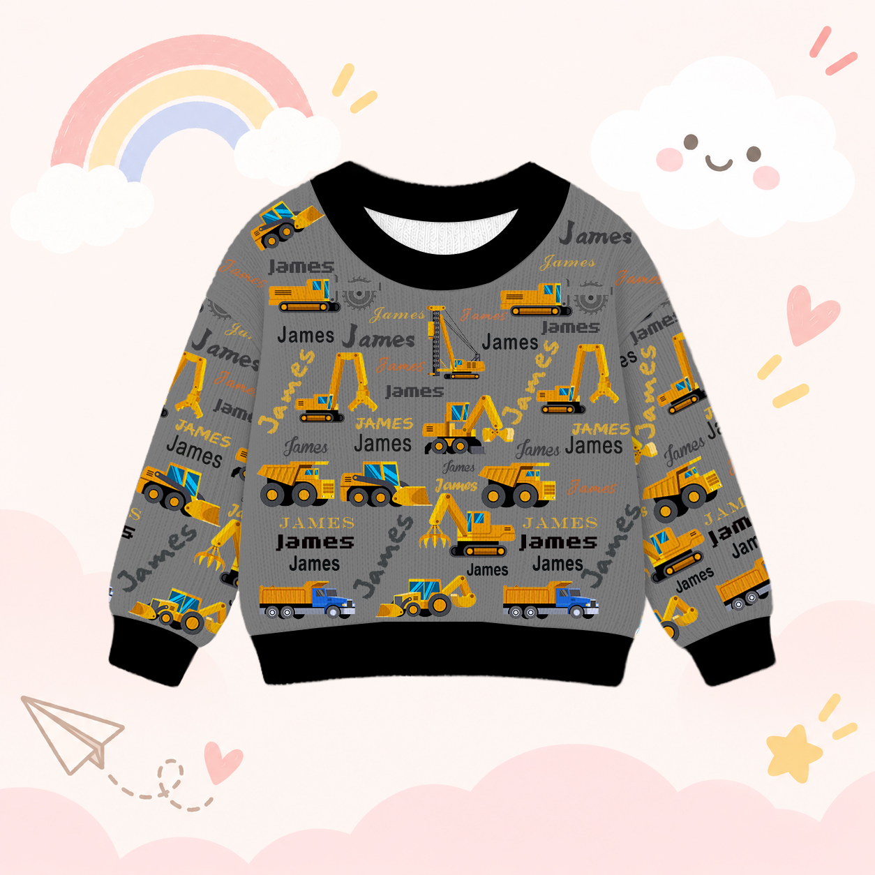 Personalized Lovely Kids Construction Vehicle Knit Sweater | CWSweater24