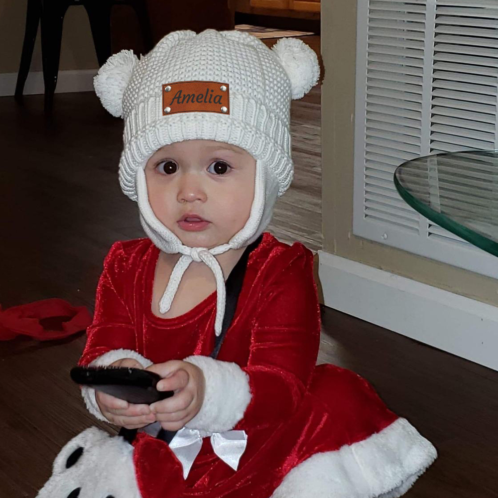 Personalized Leather Patch Pom Pom Knit Hat With Tassels | HSKid50