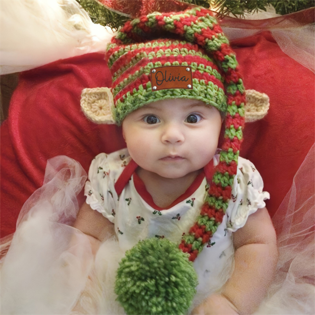 Personalized Crochet Leather Patch Christmas Elf Hat With Ears | MCGift70