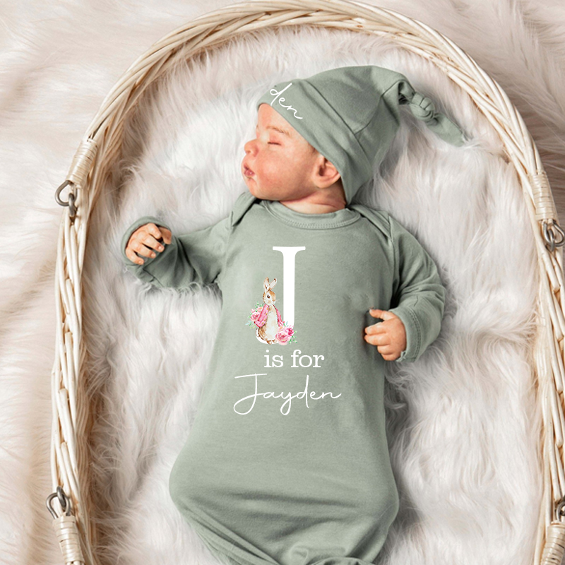 Personalized Cozy Newborn Easter Gown with Knotted Hat | CWbaby39