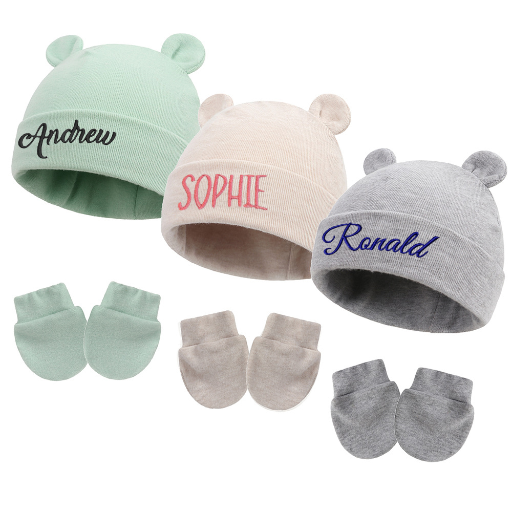 Personalized Embroidery Bear Newborn Homecoming Hat and Gloves Set | HSKid56
