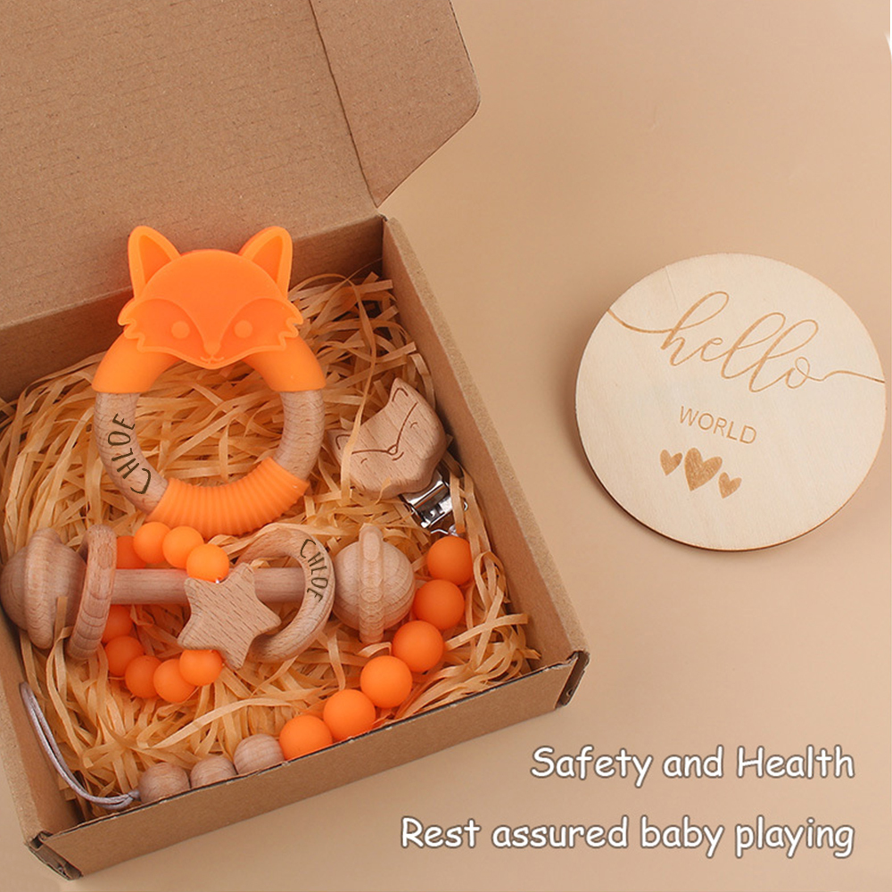Personalized Baby Wooden Fox Pacifier Clip 4 Pcs Gift Set | CWBaby113