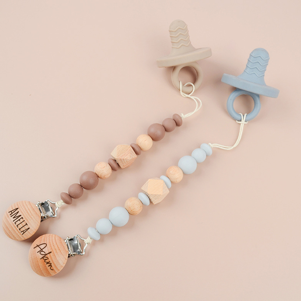 Personalized Baby Pacifier Silicone Wooden Bead Clip | CWBaby115