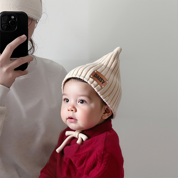 Personalized Leather Patch Knit Pixie Hats | HSKid58