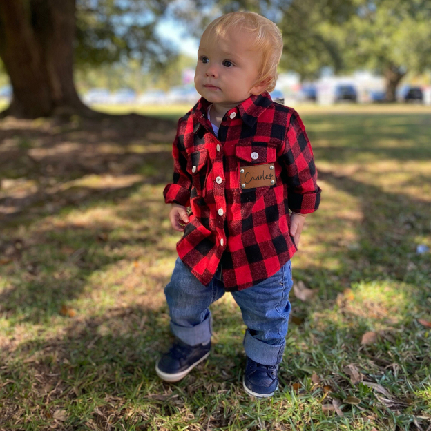 Personalized Leather Patch Kids Flannel Jacket | inJacket15