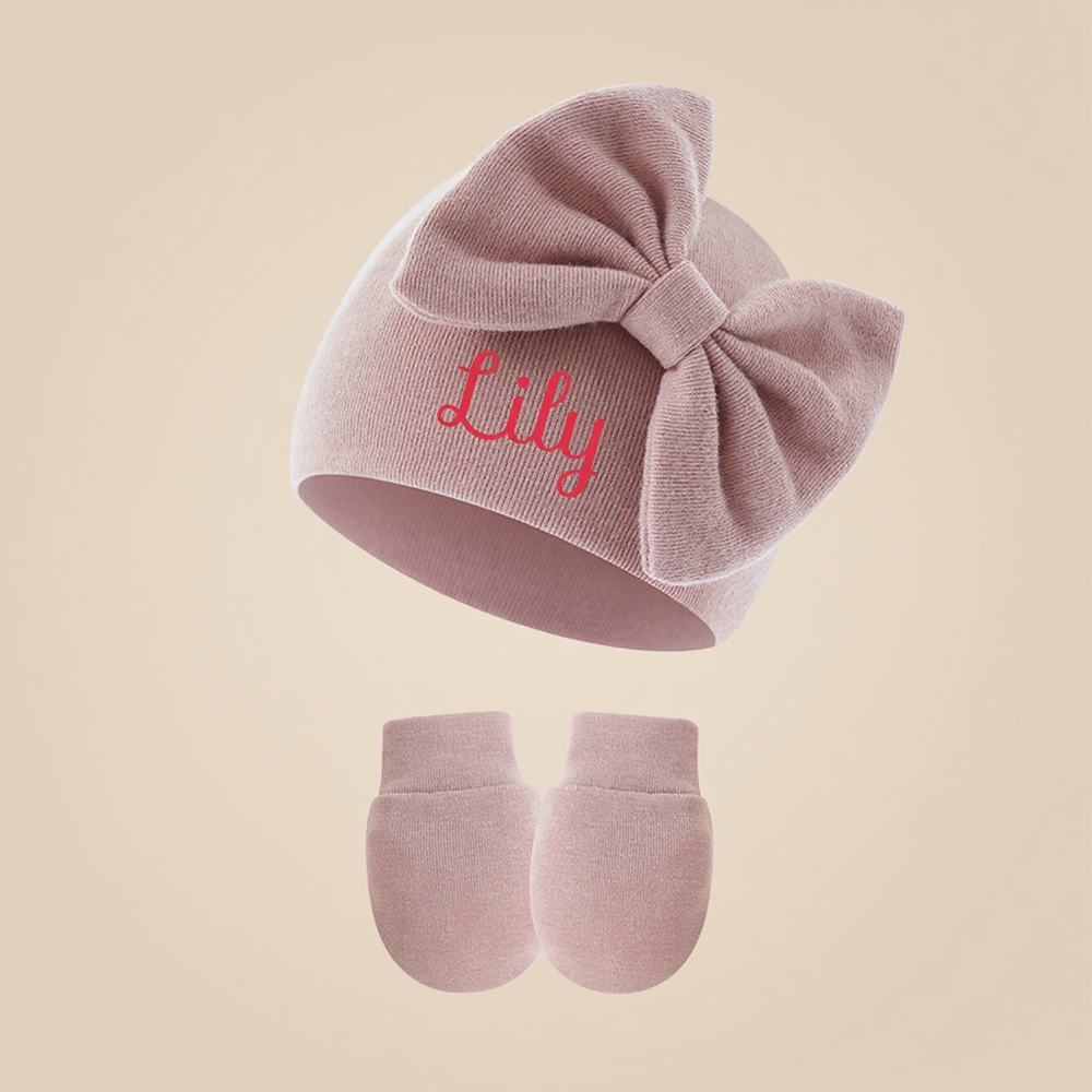 Personalized Newborn Coming Home Bow Beanie And Gloves Set | HSKid62