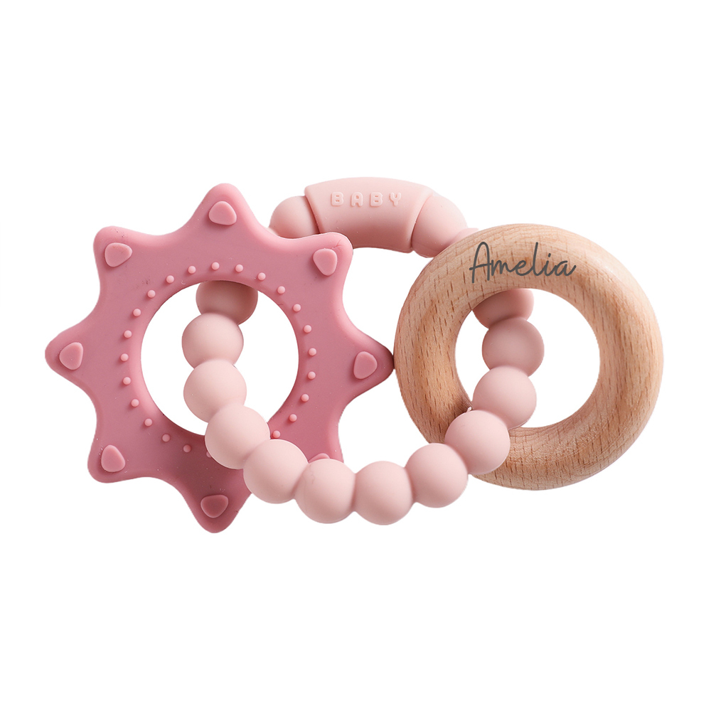 Personalised Baby Food Silicone & Wooden Sensory Teething Ring | CWToy162