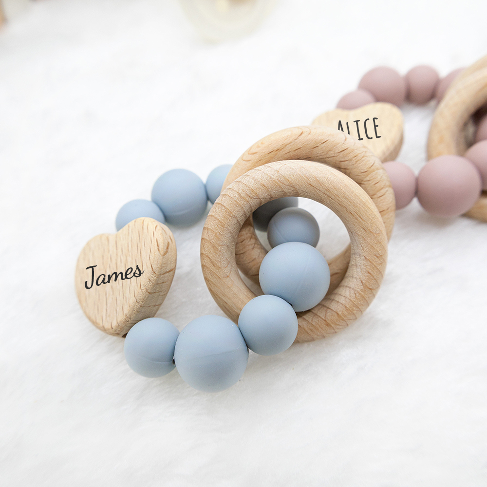 Personalized Baby Sensory Silicone Wooden Toy Ring | CWToy169