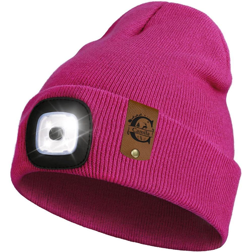 Personalized Kids Leather Tag Beanie with Headlamp | HSKid32