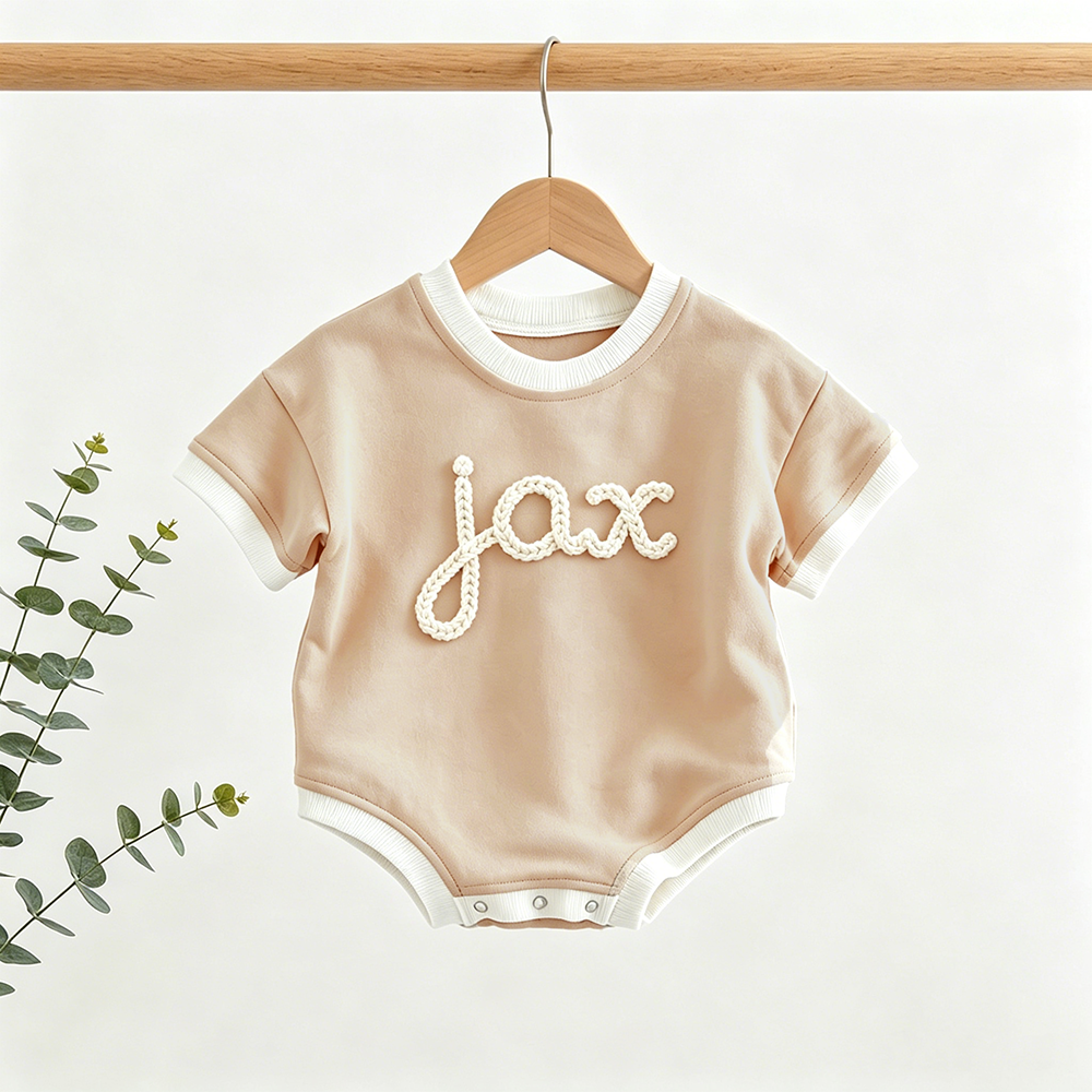 Personalized Hand Embroidered Short Sleeve Baby Bubble Romper | CWBaby503