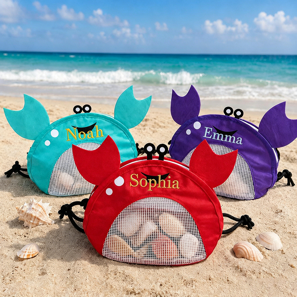 Personalized Embroidery Crab Seashell Zipper Mesh Beach Bag | CWBeach255
