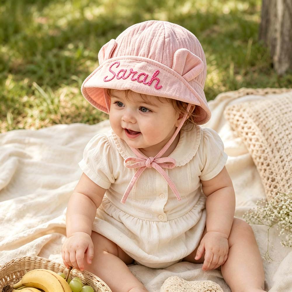 Personalized Hand Embroidered Baby Summer Hat With Ears | CWBeach266