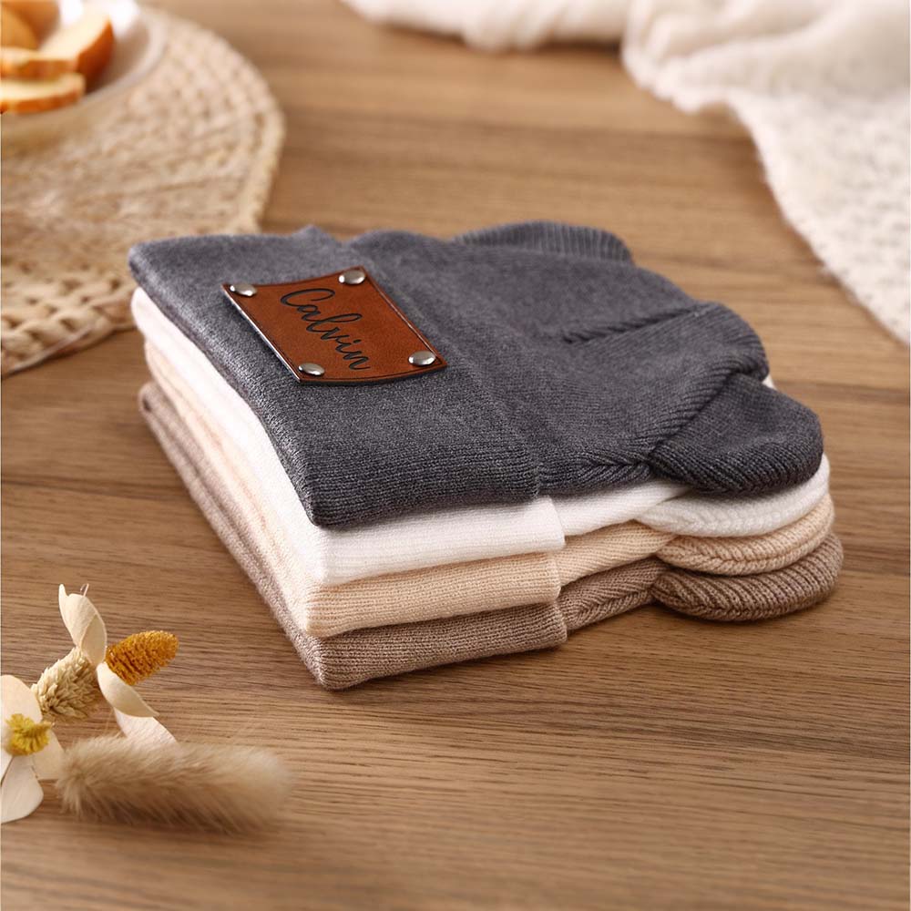Personalized Leather Patch Kid Beanie Hat With Bear Ears | HSKid92