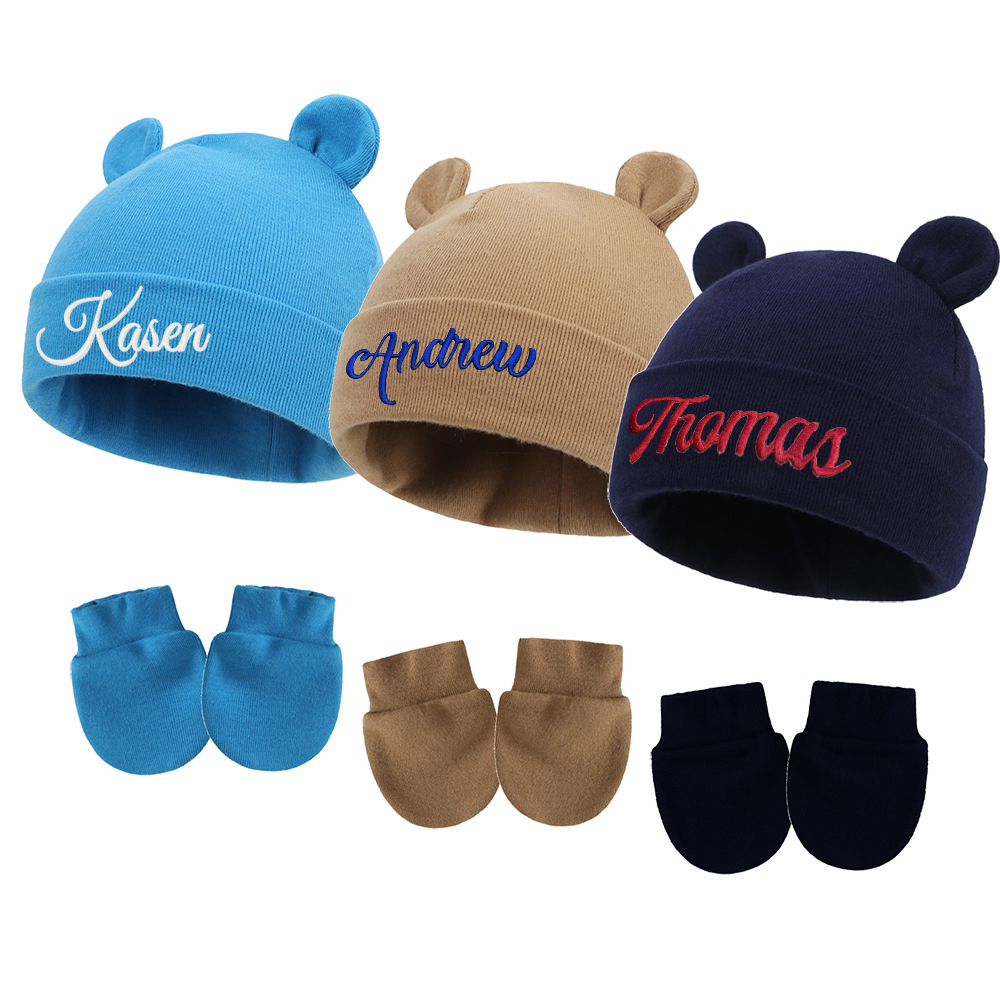 Personalized Embroidery Bear Newborn Homecoming Hat and Gloves Set | HSKid56