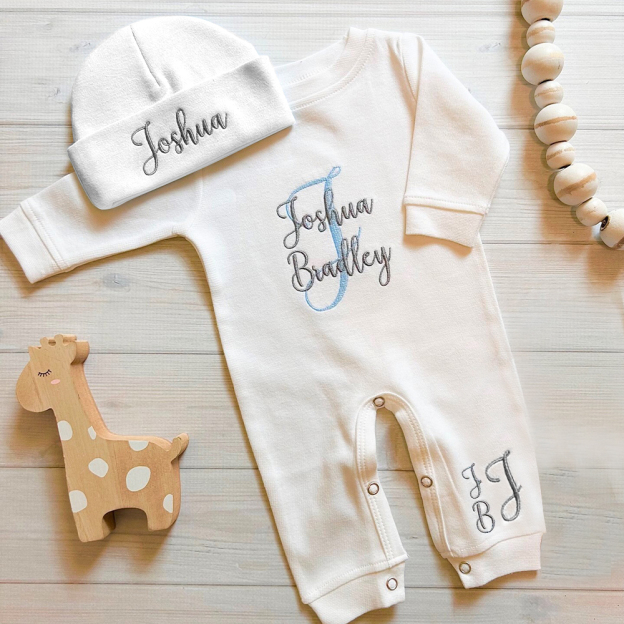 Personalized Embroidery Monograms Baby Coming Home Ropmer and Hat Set | CWBaby160