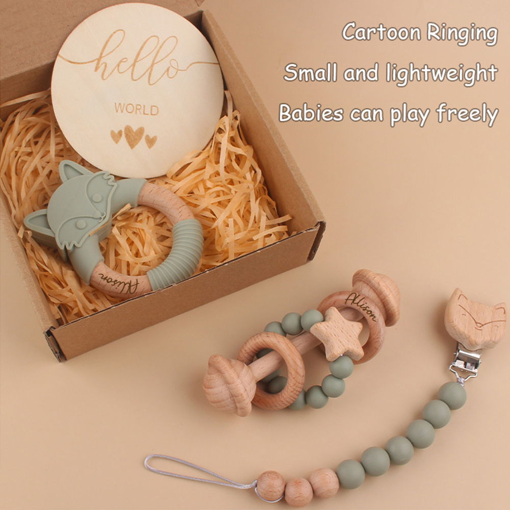 Personalized Baby Wooden Fox Pacifier Clip 4 Pcs Gift Set | CWBaby113
