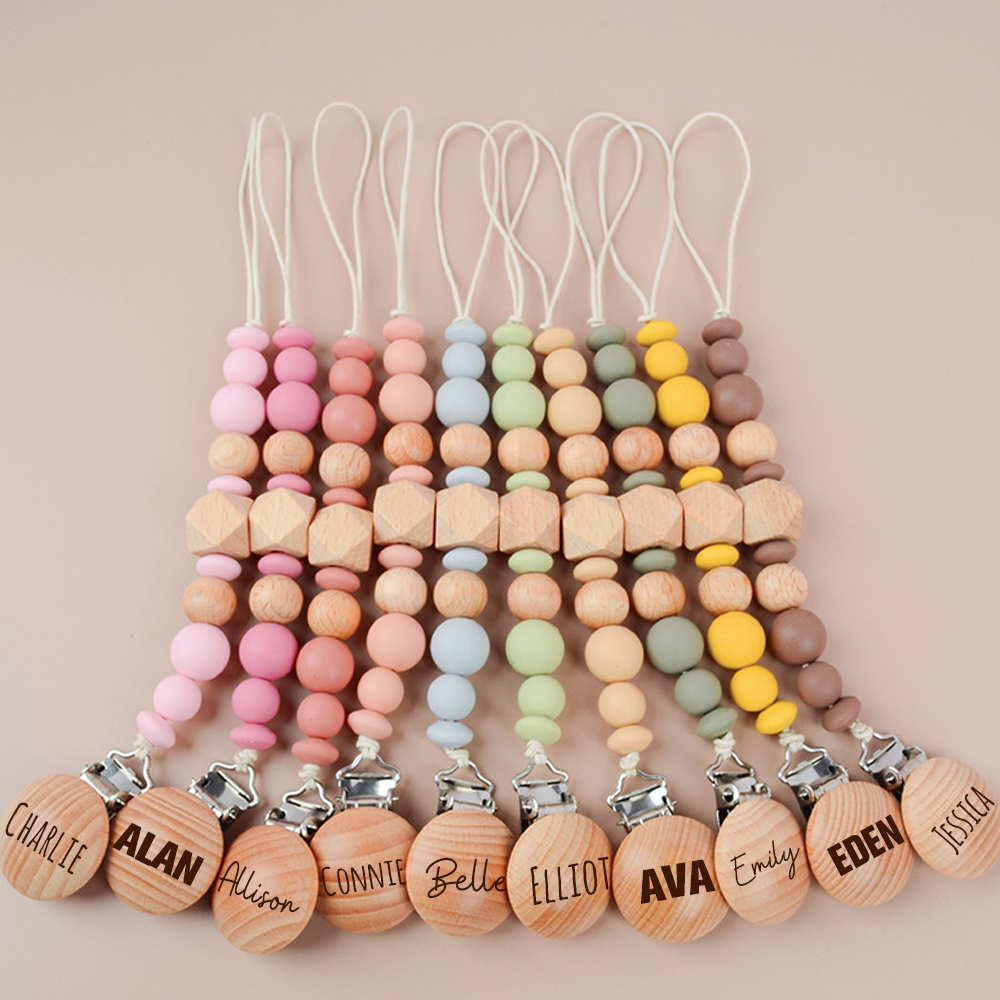 Personalized Baby Pacifier Silicone Wooden Bead Clip | CWBaby115