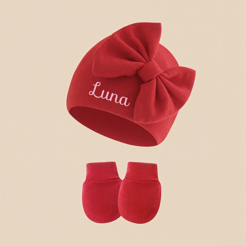 Personalized Newborn Coming Home Bow Beanie And Gloves Set | HSKid62