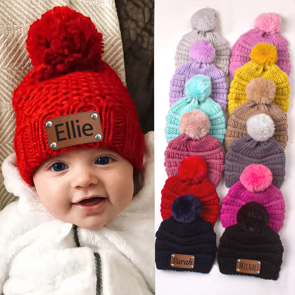 Personalized Leather Patch Kid Colorful Pom Pom Hat | HSKid63