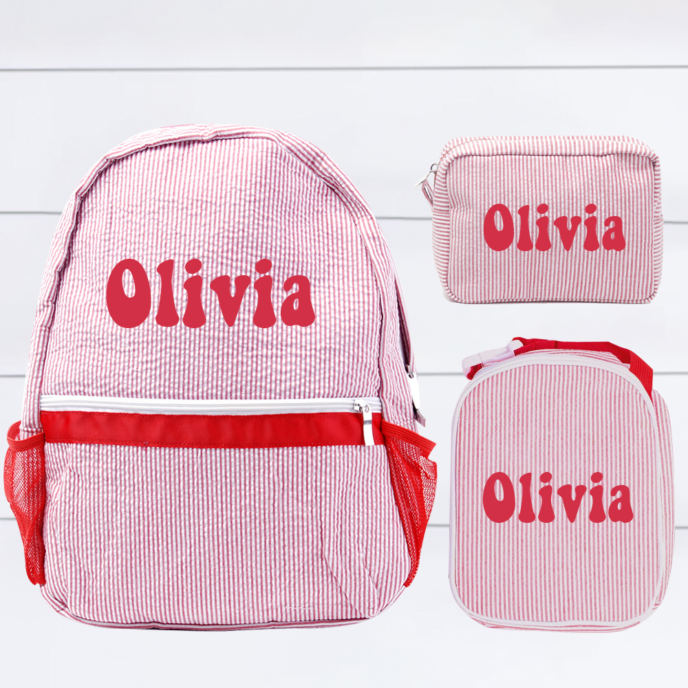 Personalized Chenille Patch Kids Seersucker School Backpack Set
