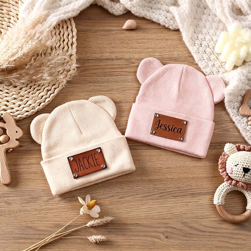 Personalized Leather Patch Kid Beanie Hat With Bear Ears | HSKid92