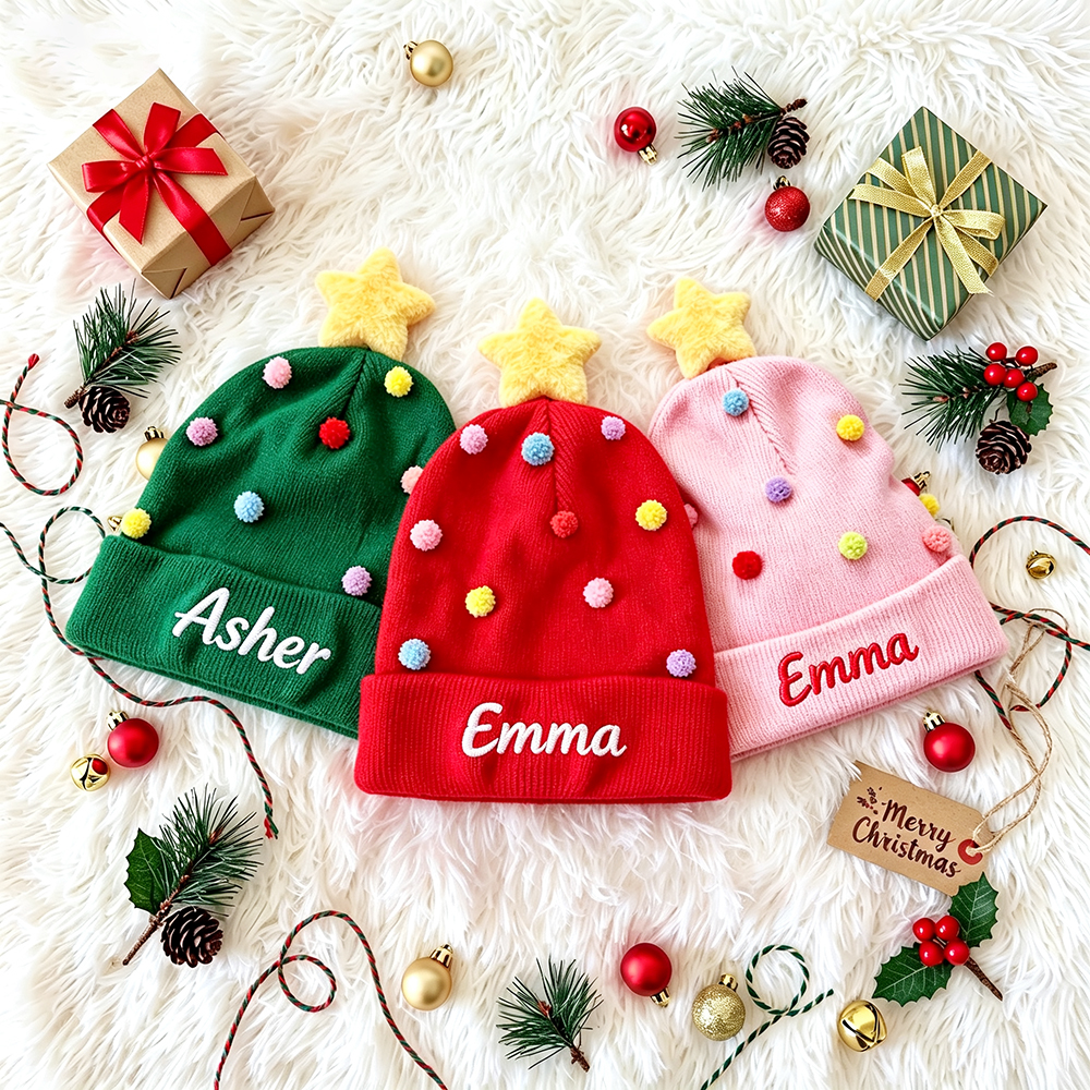Personalized Embroidery Christmas Pom Pom Beanie For Kids | MCGift416