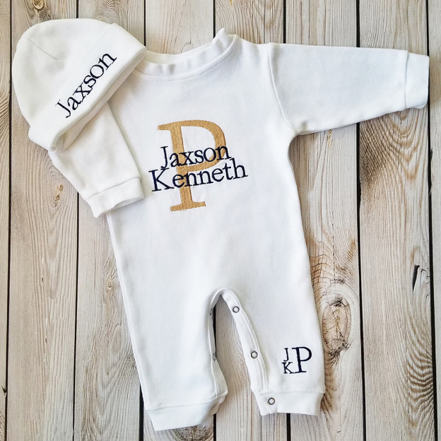 Personalized Embroidery Monograms Baby Coming Home Ropmer and Hat Set | CWBaby160