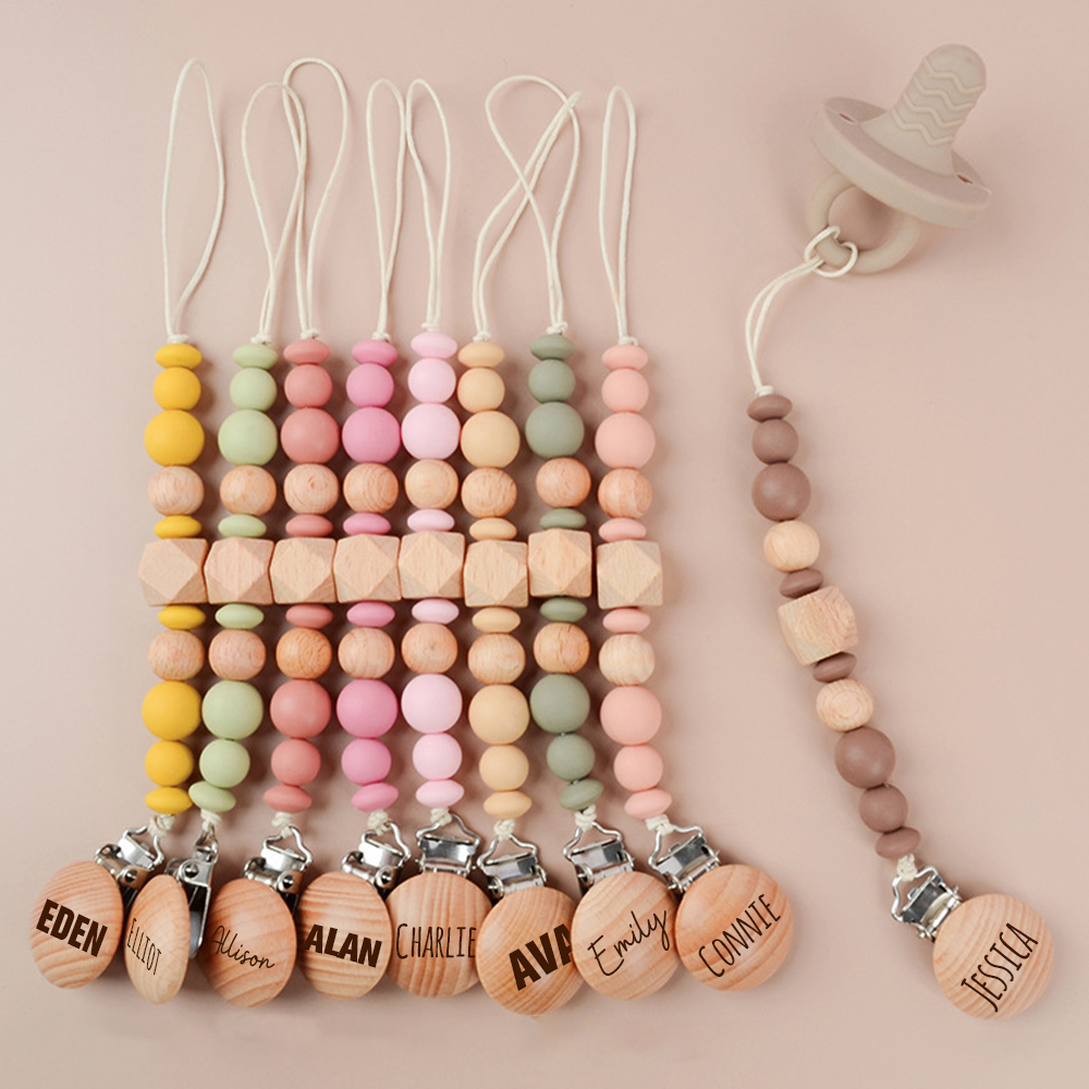 Personalized Baby Pacifier Silicone Wooden Bead Clip | CWBaby115