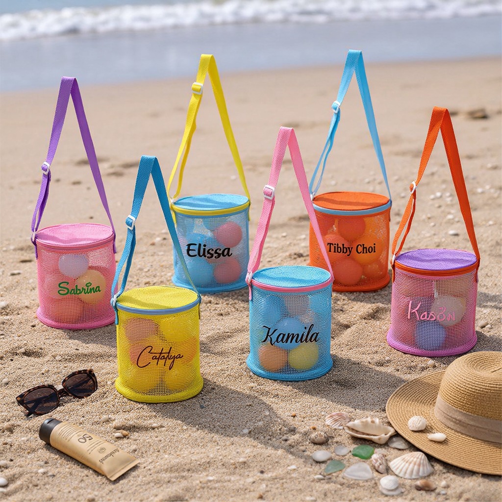 Personalized Embroidery Seashell Zipper Mesh Beach Bucket | CWBeach114