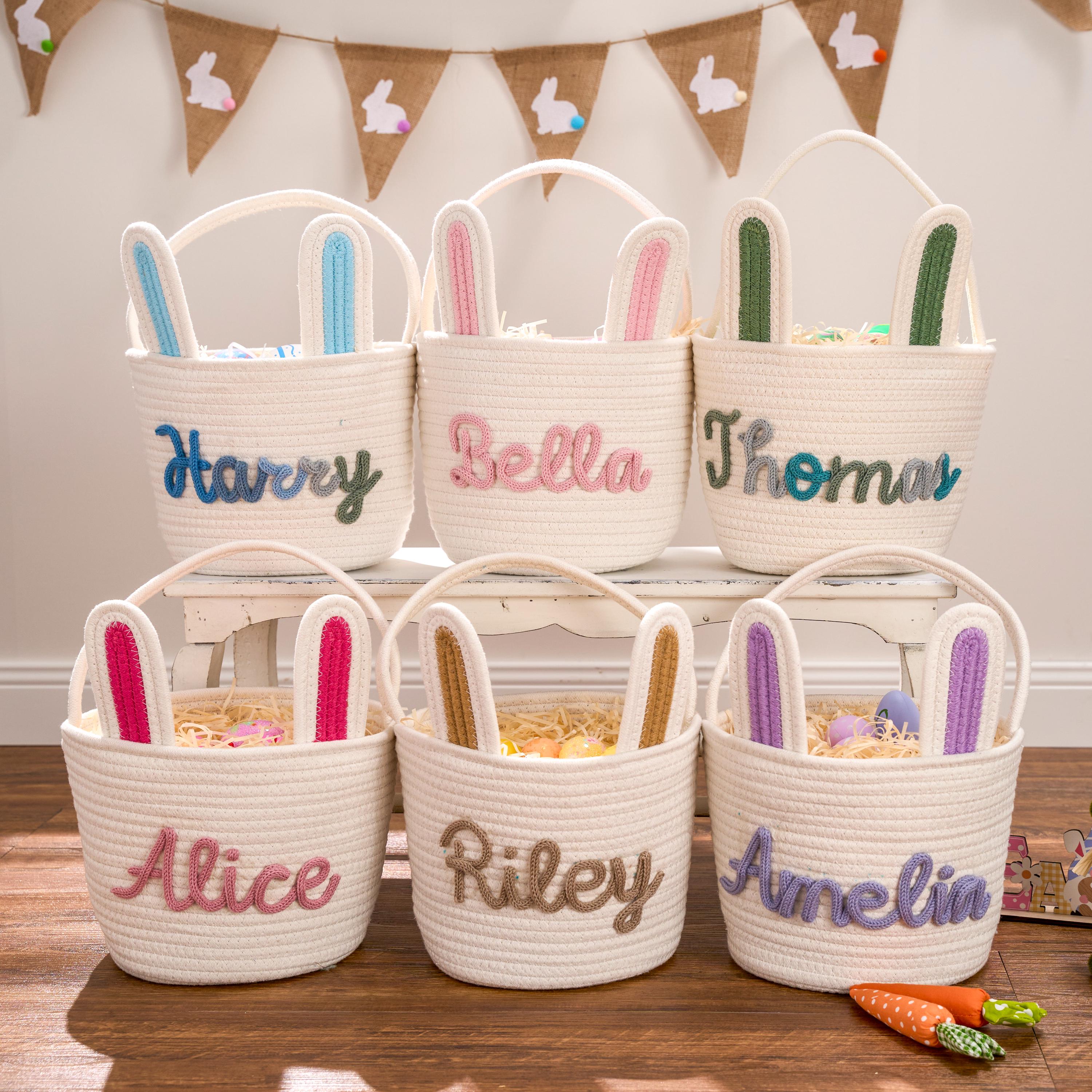 Personalized Hand-embroidered Bunny Easter Basket | CWEaster81