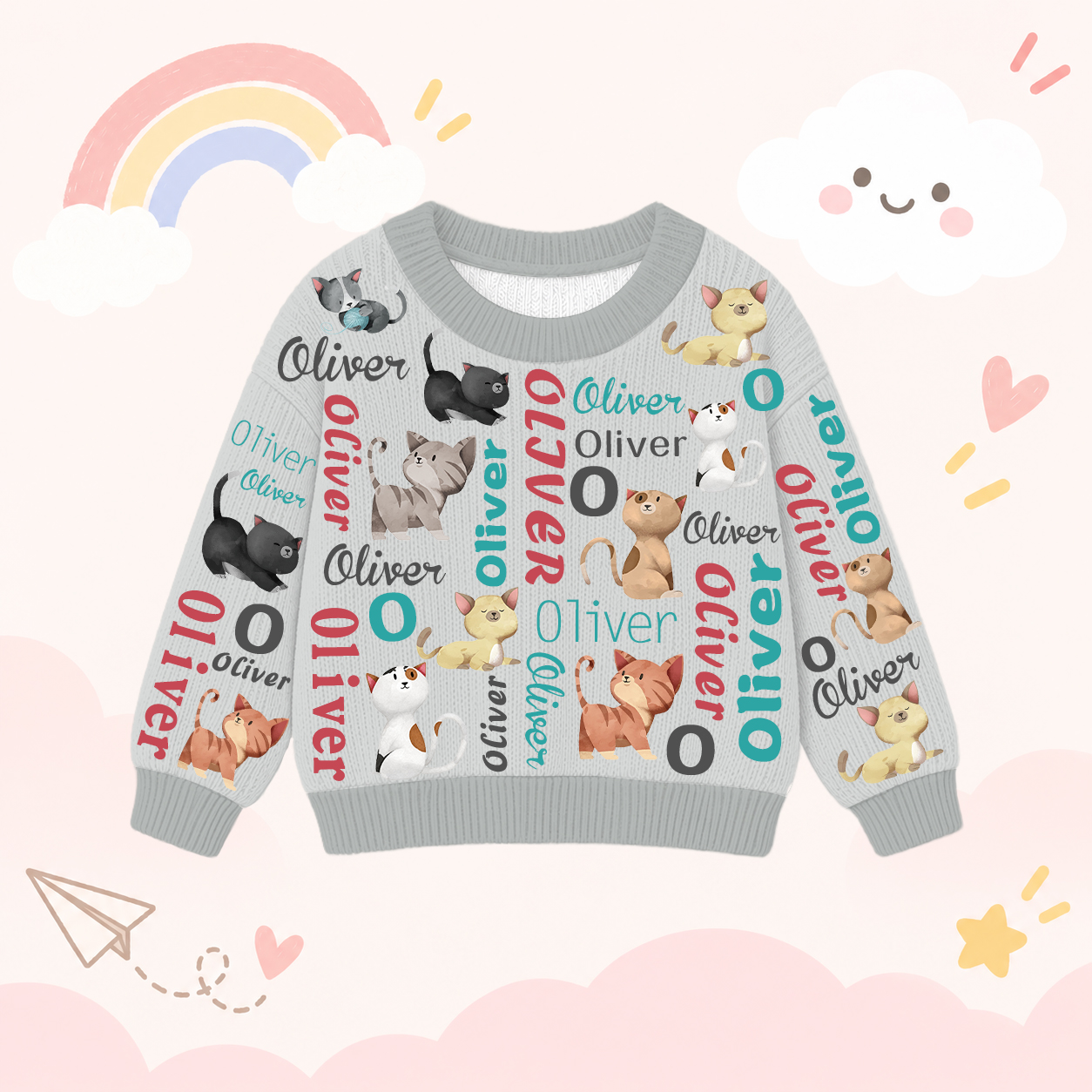 Personalized Lovely Kids Cute Kitten Knit Sweater | CWSweater16