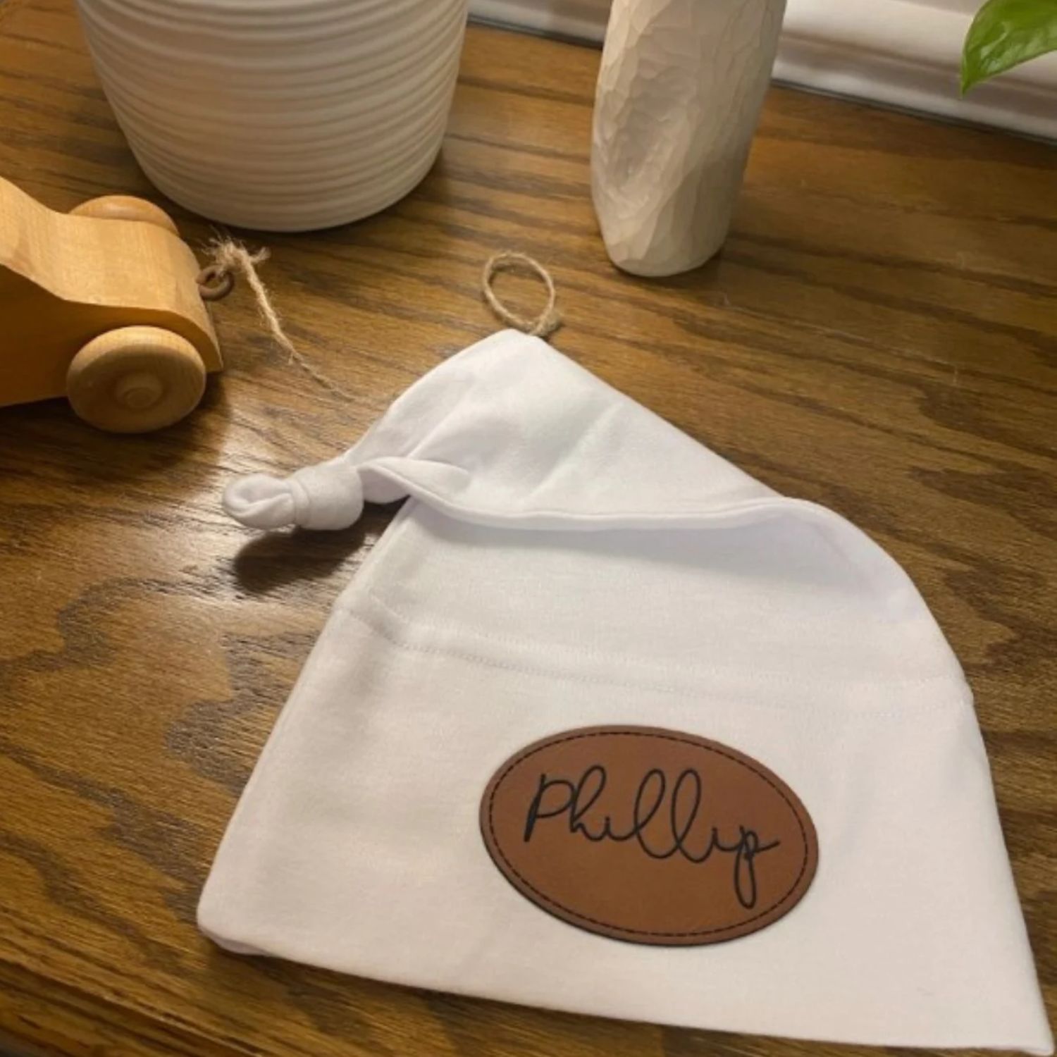 Personalized Newborn Baby Leather Patch Knot Hat | CWBaby76