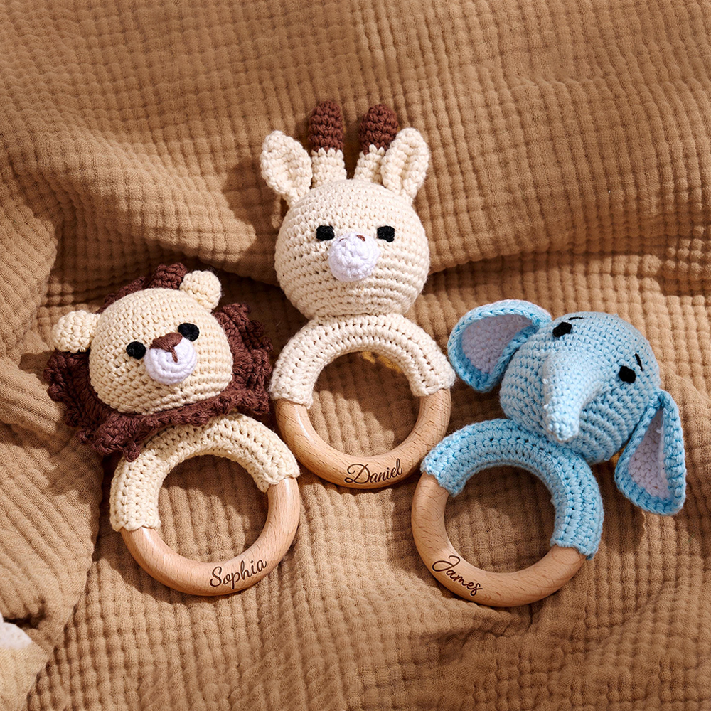 Personalized Baby Handmade Crochet Wooden Rattle Ring | CWToy172