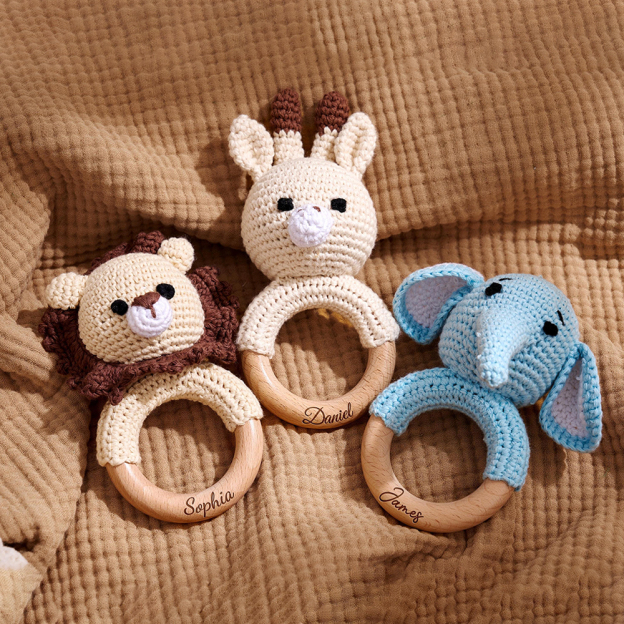 Personalized Baby Handmade Crochet Wooden Rattle Ring | CWToy172