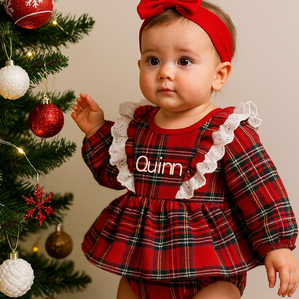Personalized Christmas Baby Girl Lovely Plaid Romper | MCGift365