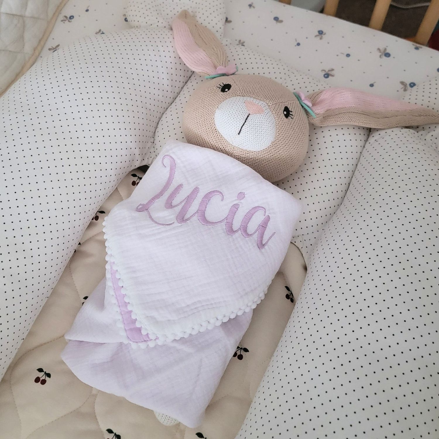 Personalized Embroidered Swaddle Muslin Pom Pom Blanket | CWBaby46