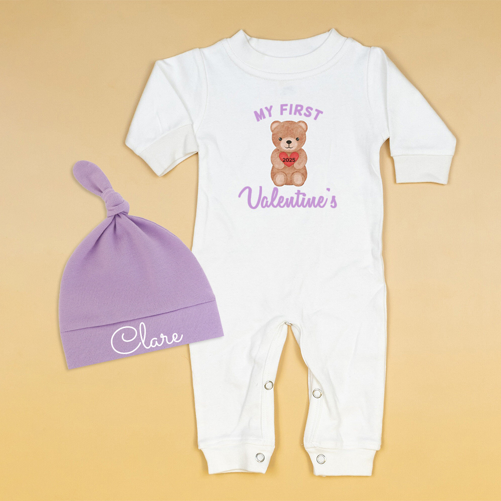 Personalized Baby First Valentine Ropmer and Hat Set | CWBaby127