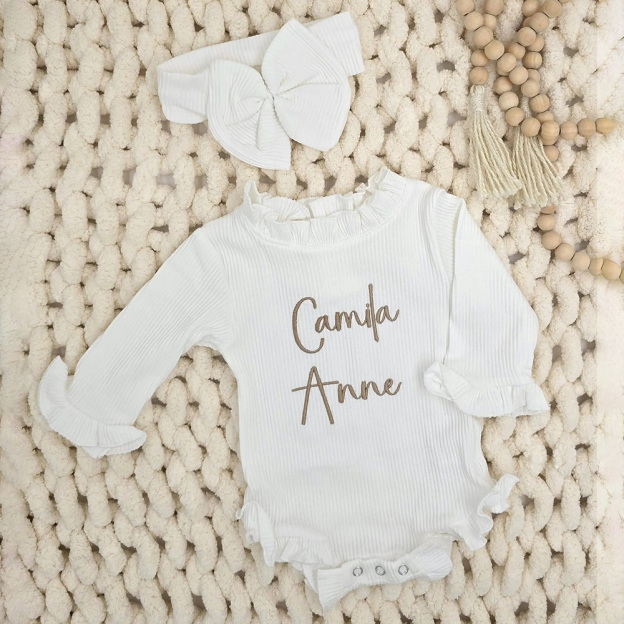 Personalized Embroider Ruffle Romper and Bow Set | CWBaby132
