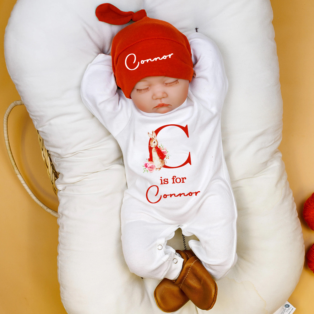 Personalized Baby Bunny Monogram Ropmer and Hat Set | CWBaby140