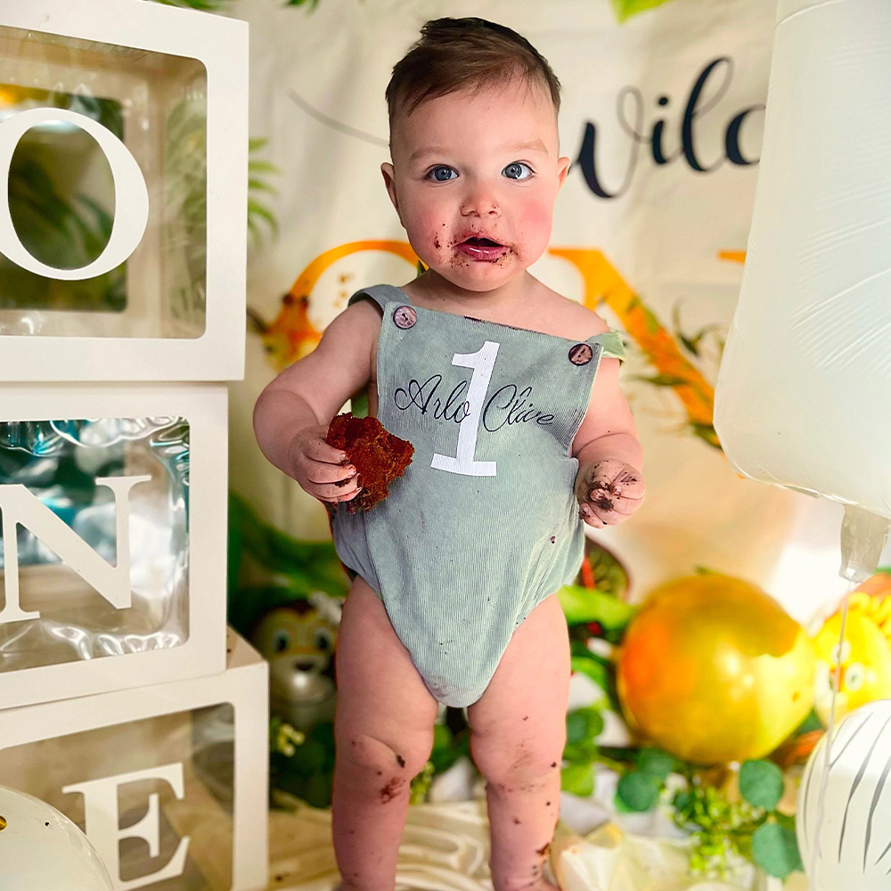 Personalized Baby First Birthday Suspender Triangle Jumpsuit Romper | CWBaby143