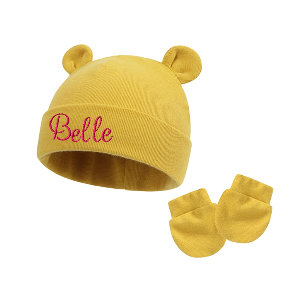 Personalized Embroidery Bear Newborn Homecoming Hat and Gloves Set | HSKid56