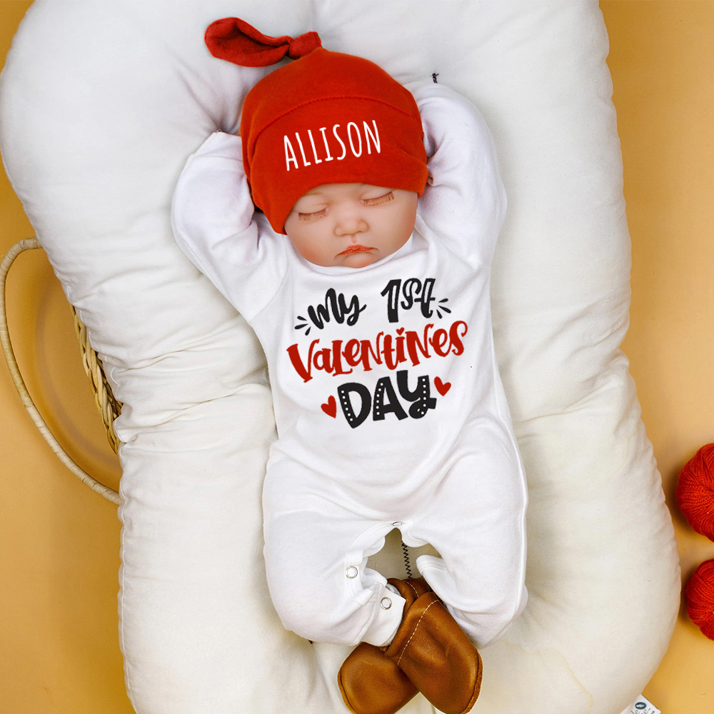 Personalized Baby First Valentine Ropmer and Hat Set | CWBaby145