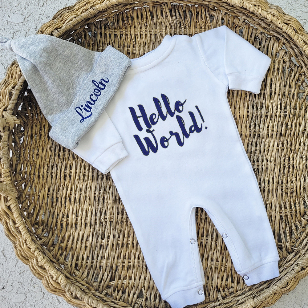 Personalized Embroidery Hello World Baby Coming Home  Ropmer and Hat Set | CWBaby161