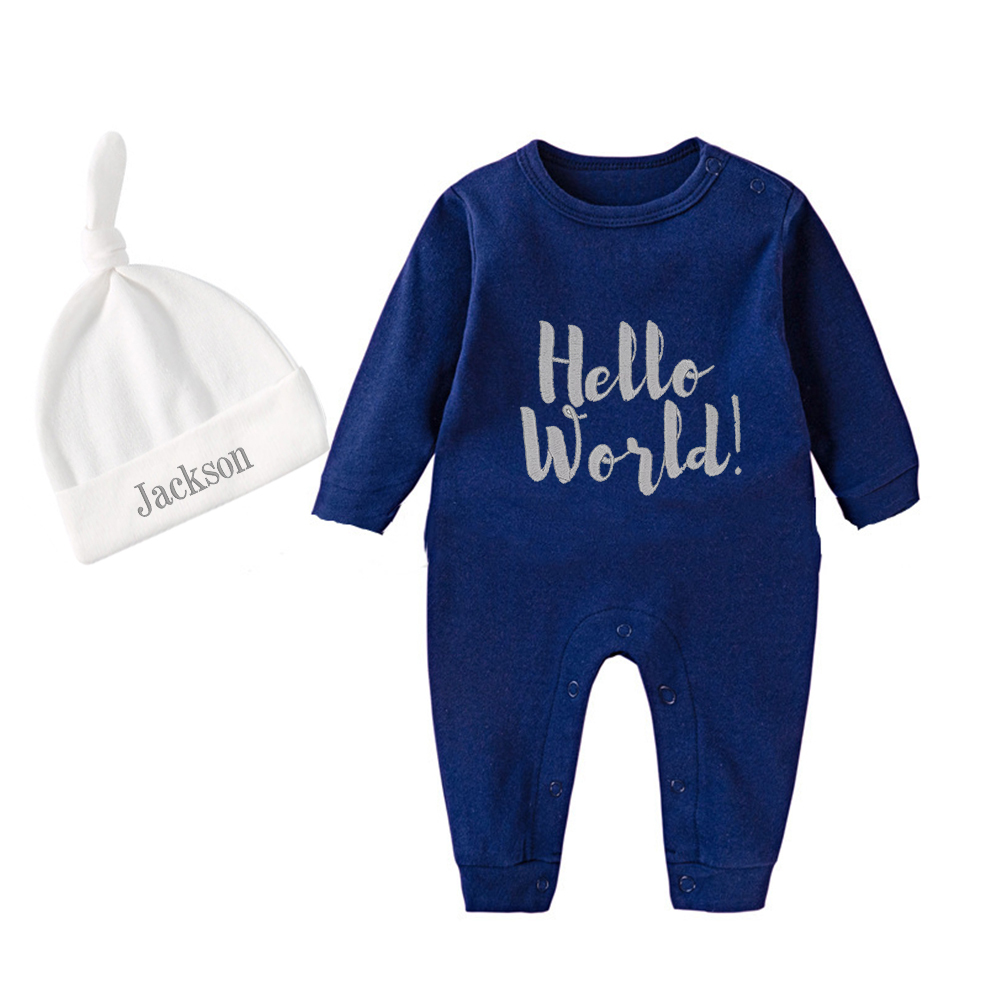 Personalized Embroidery Hello World Baby Coming Home  Romper and Hat Set | CWBaby161