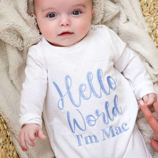 Personalized Embroidered Baby Hello World Romper and Hat Set | CWBaby166