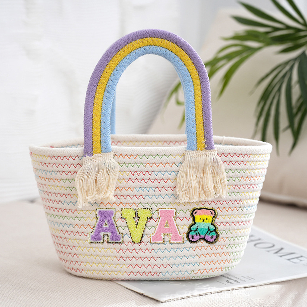 Personalized Kids Chenille Patch Cotton Rope Woven Tote Bag | CWBeach15401