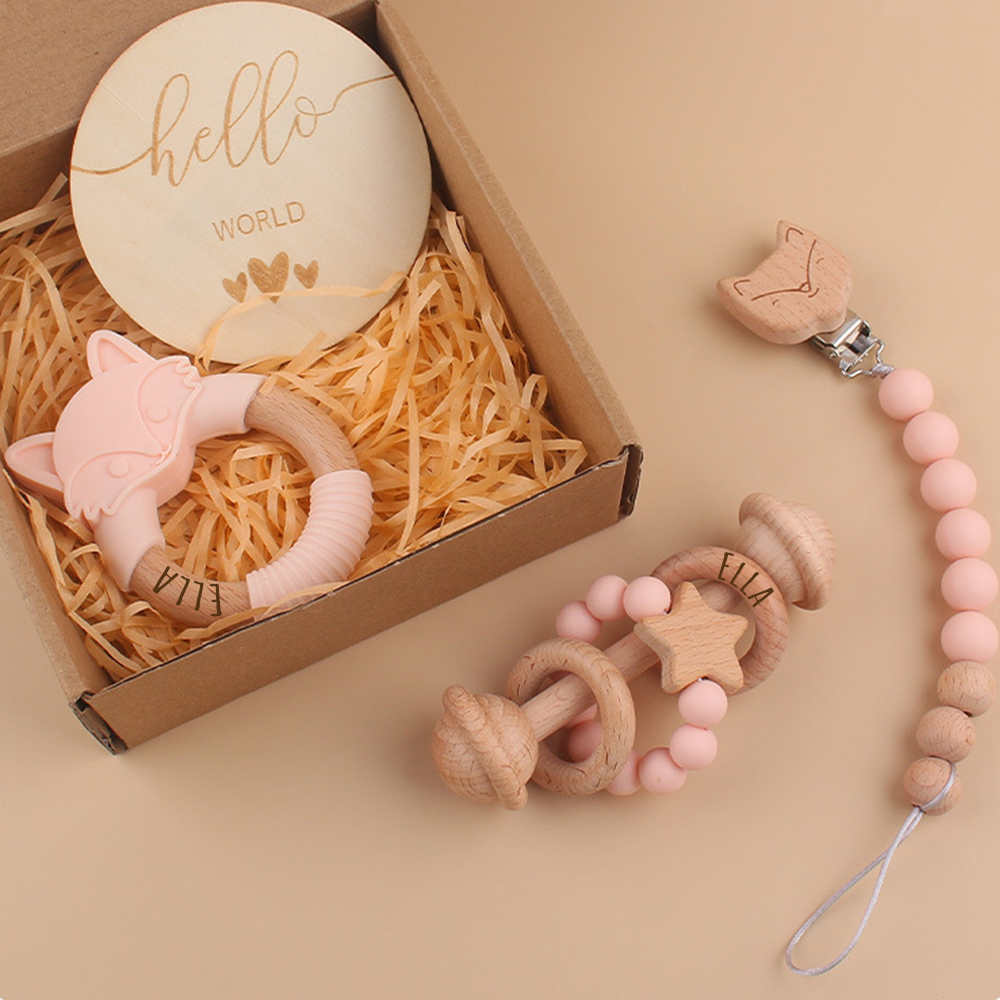 Personalized Baby Wooden Fox Pacifier Clip 4 Pcs Gift Set | CWBaby113