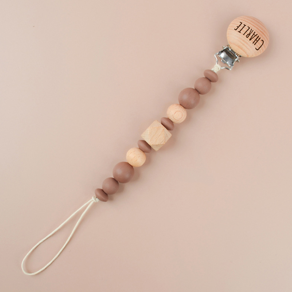 Personalized Baby Pacifier Silicone Wooden Bead Clip | CWBaby115