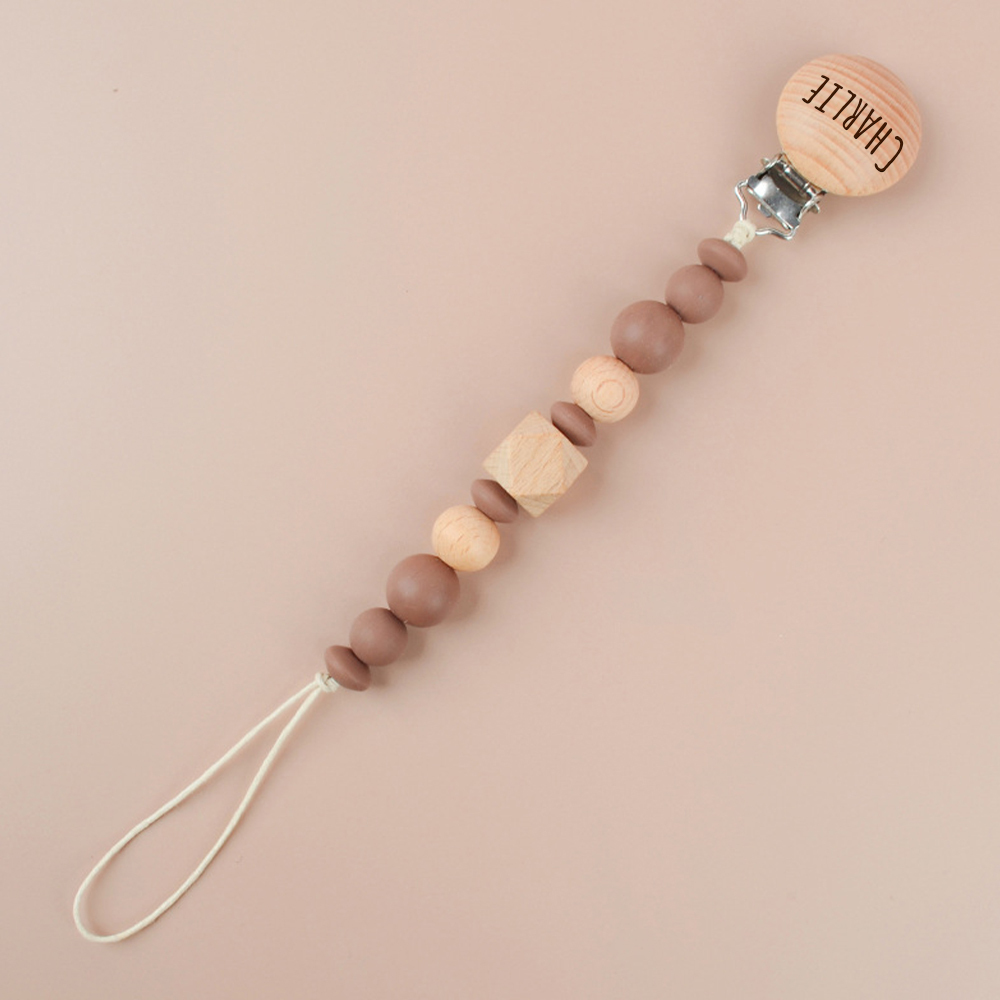 Personalized Baby Pacifier Silicone Wooden Bead Clip | CWBaby115