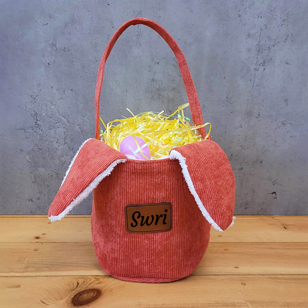 Personalized Leather Patch Corduroy Easter Bunny Basket | CWEaster4301